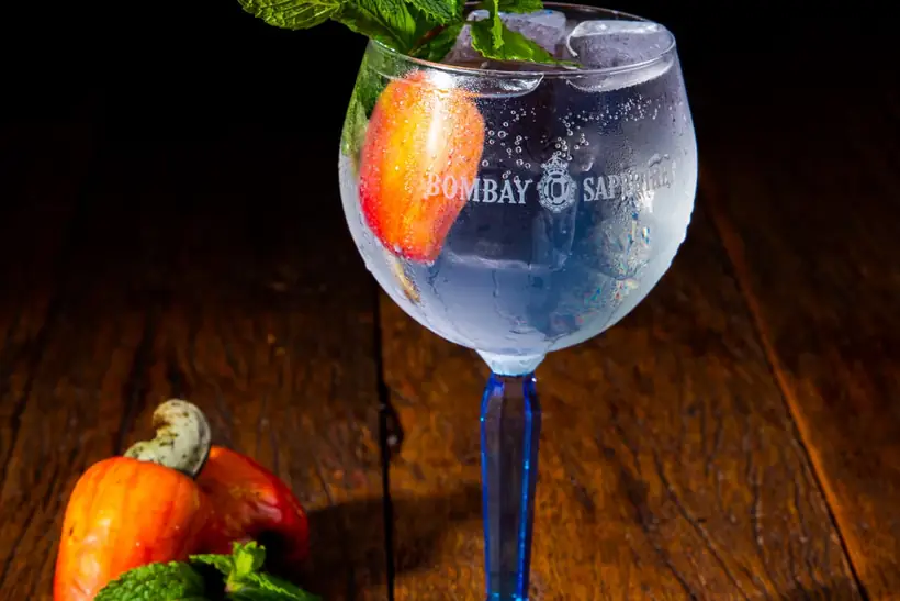 Gin tônica servido na taça, com pimenta e hortelã